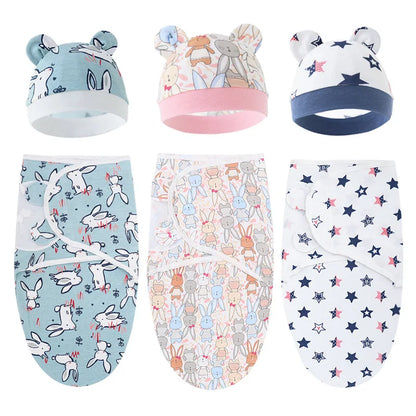 Cartoon Printed Cotton Baby Blanket Hat Set