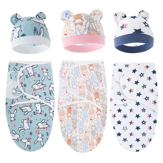 Cartoon Printed Cotton Baby Blanket Hat Set