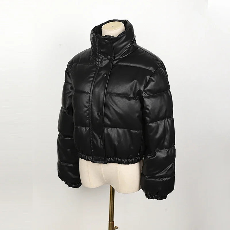 Black PU Leather Women's Winter Parka Jacket