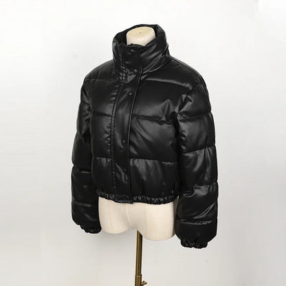 Black PU Leather Women's Winter Parka Jacket