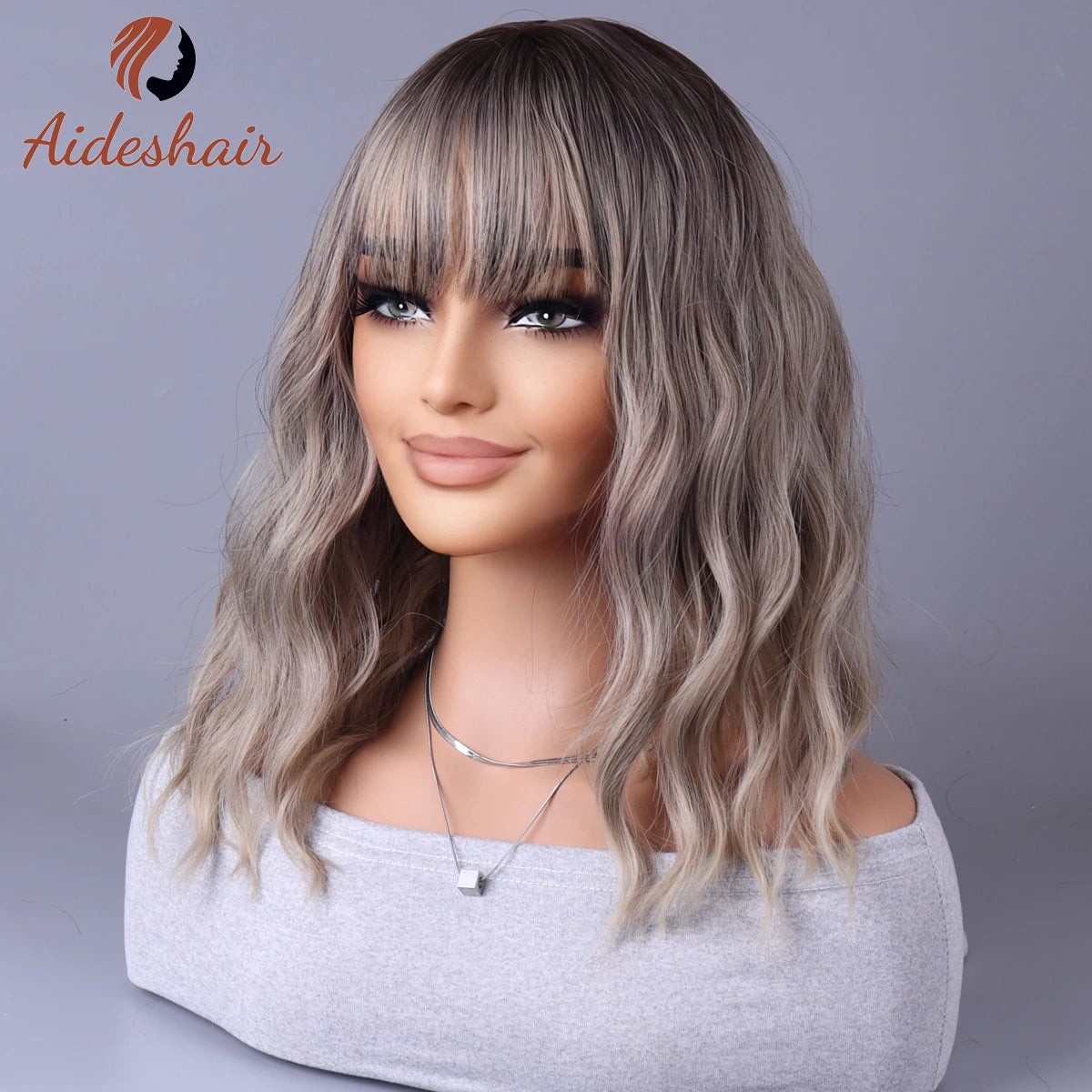 Light Gray Synthetic Wig with Fringe for Daily Use