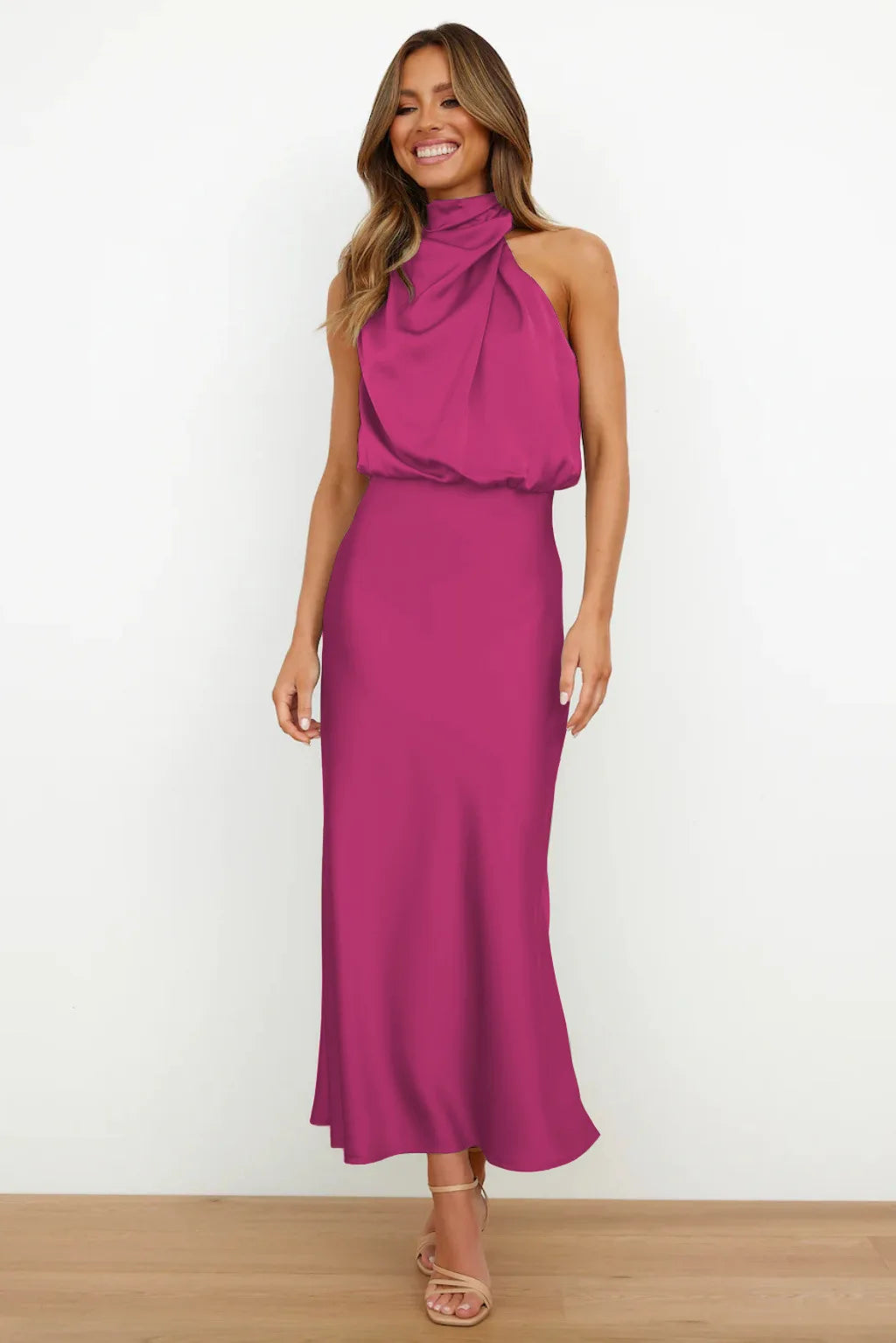 Elegant Silk Satin Sleeveless Long Dress for Women