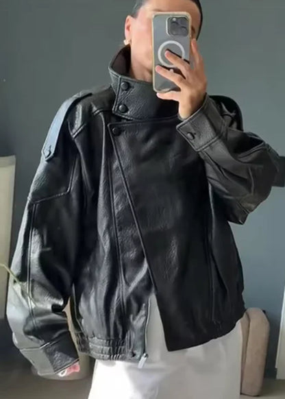 Black Long Sleeve Faux Leather Motorcycle Jacket