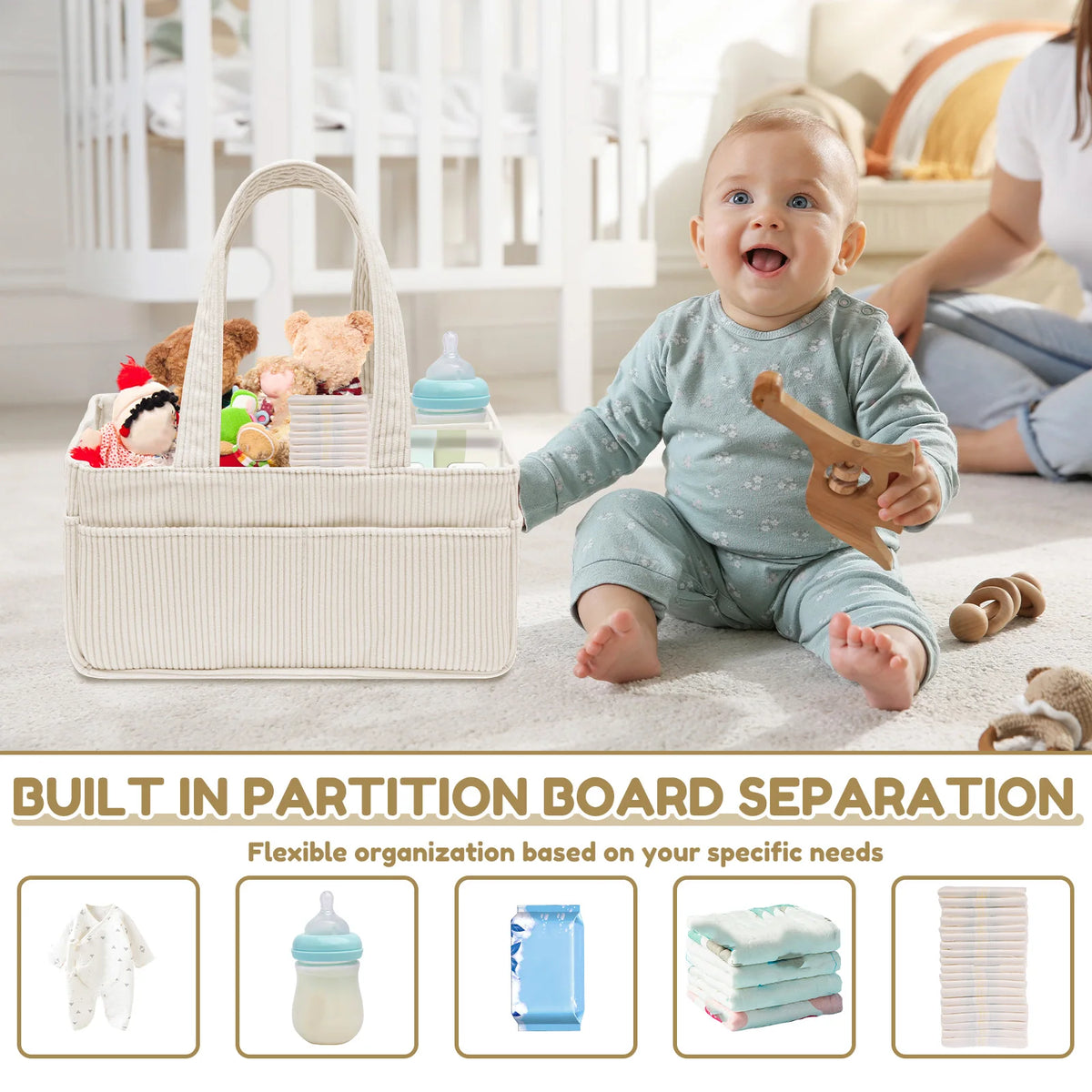 Baby Diaper Caddy Organizer Corduroy Beige Tote