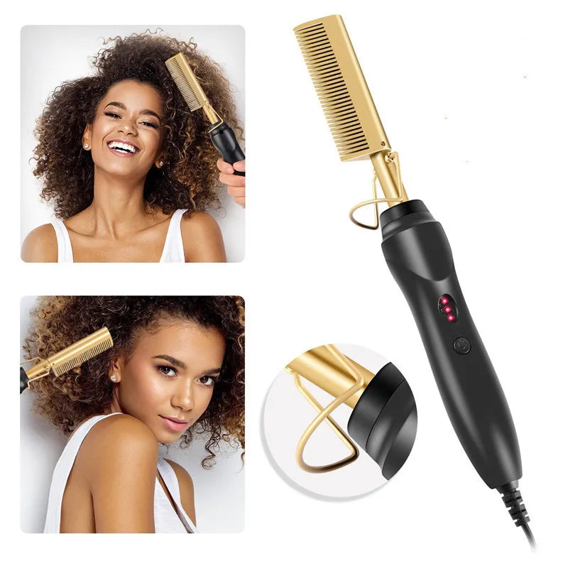 Hot Comb Hair Straightener Brush Copper Black 30cm