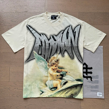 Mixed Emotion Cotton T-Shirt for Couples with Angel Print