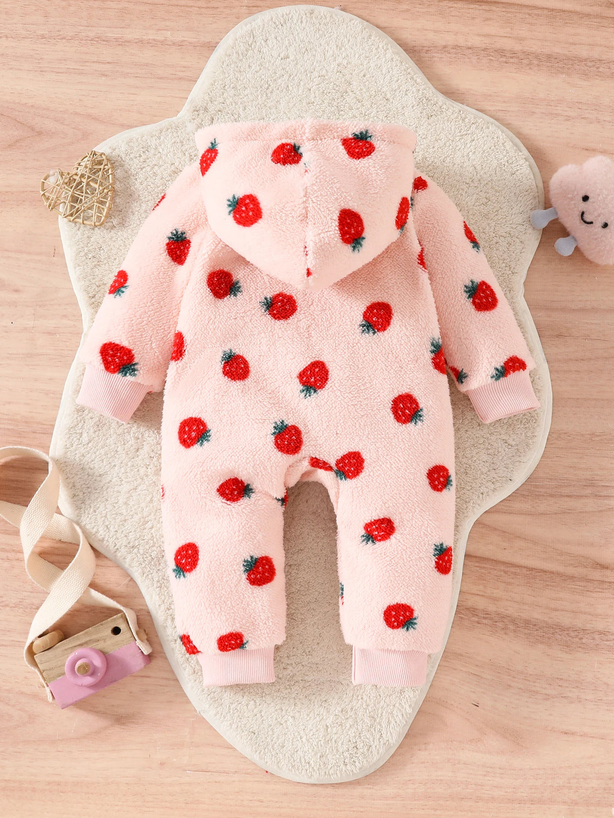Winter Baby Girl Hooded Romper with Strawberry Print