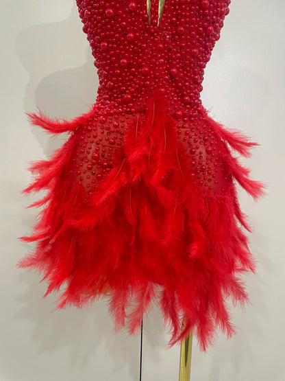 Luxury Rhinestones Pearls Feathers Halter Backless Dress