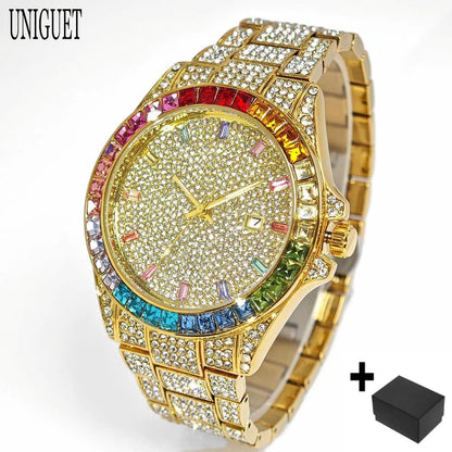Fashion Gold Quartz Wristwatch for Men with Rainbow Diamonds