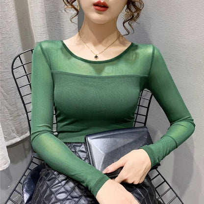 Women Slim Fit Long Sleeve Mesh T-Shirt