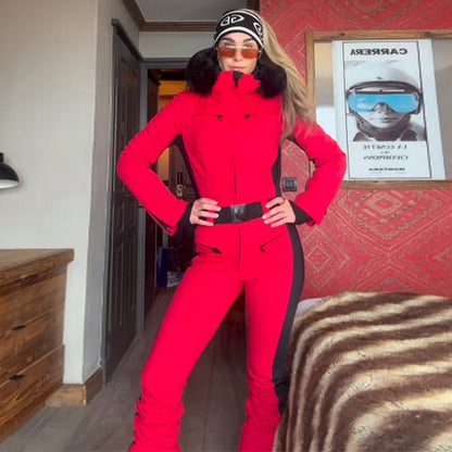 Hooded One-Piece Ski Jumpsuit for Women Windproof Outwear