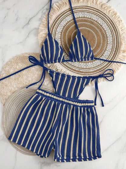 Mesh Three-Piece Women's Swimsuit with Lace-Up Detail