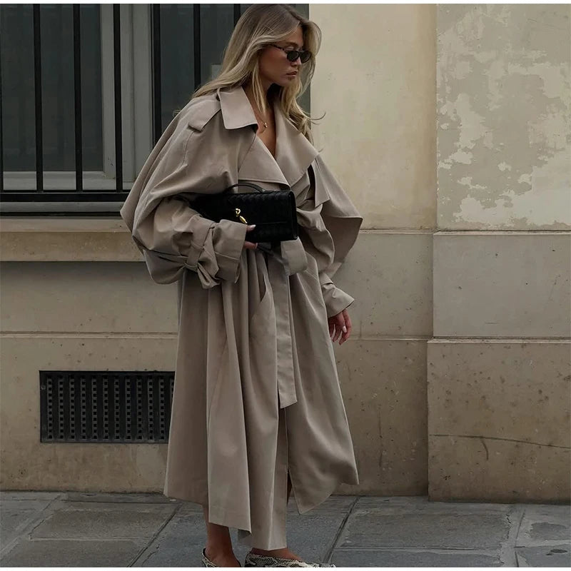 Khaki Long Color-block Stripe Trench Coat for Women