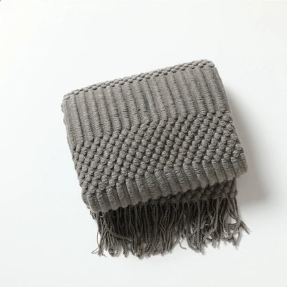 Khaki Knitted Acrylic Blanket with Tassels