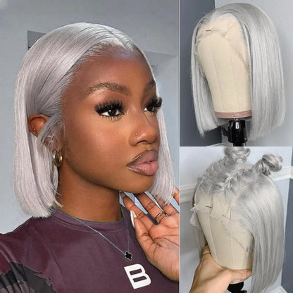 Gray Lace Front Bob Wig 100% Human Hair 13X4