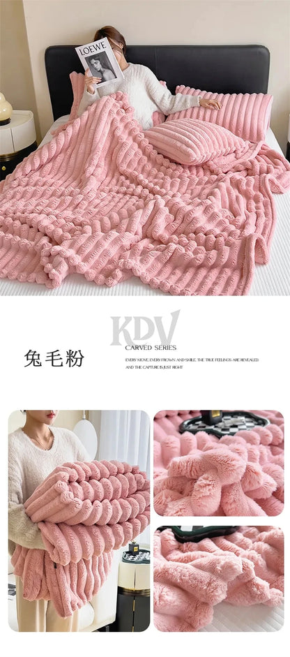 Luxury Faux Rabbit Fur Throw Blanket Solid Color Plush