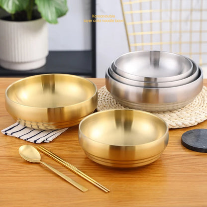 Stainless Steel Double Layer Cold Noodle Bowl Gold Silver