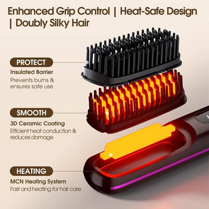 Cordless Hair Straightener Brush with LCD Display