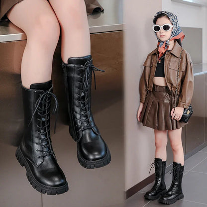 Black Mid Boots for Girls with Square Heel and Zip Closure