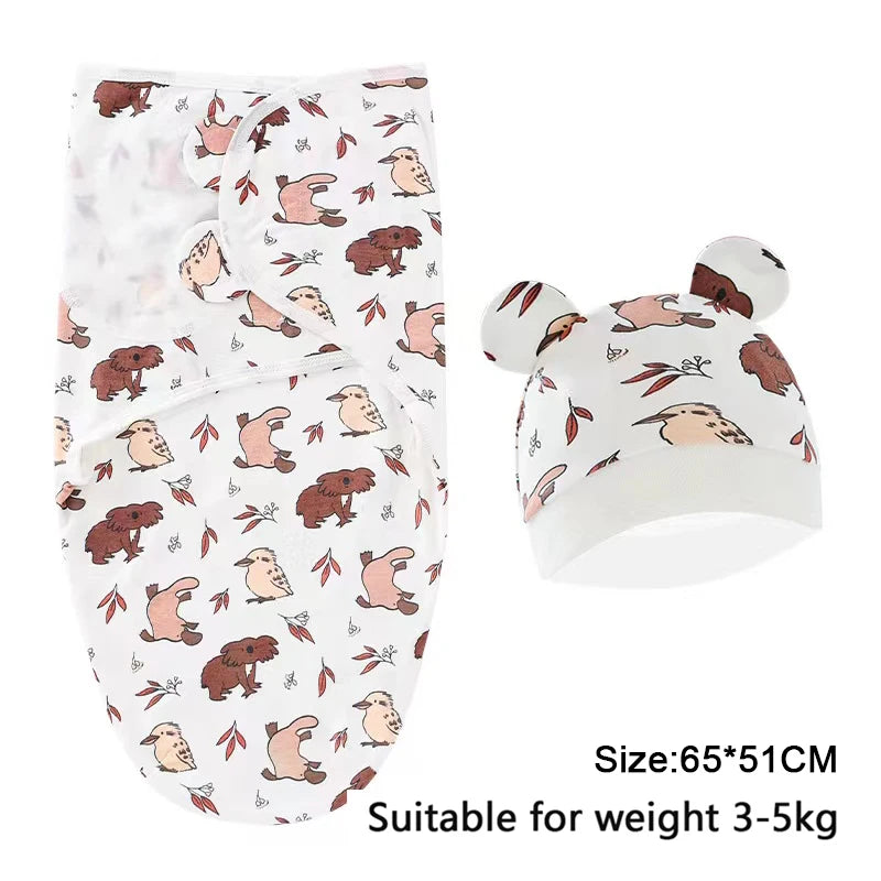 Cotton Cartoon Printed Baby Blanket Hat Set