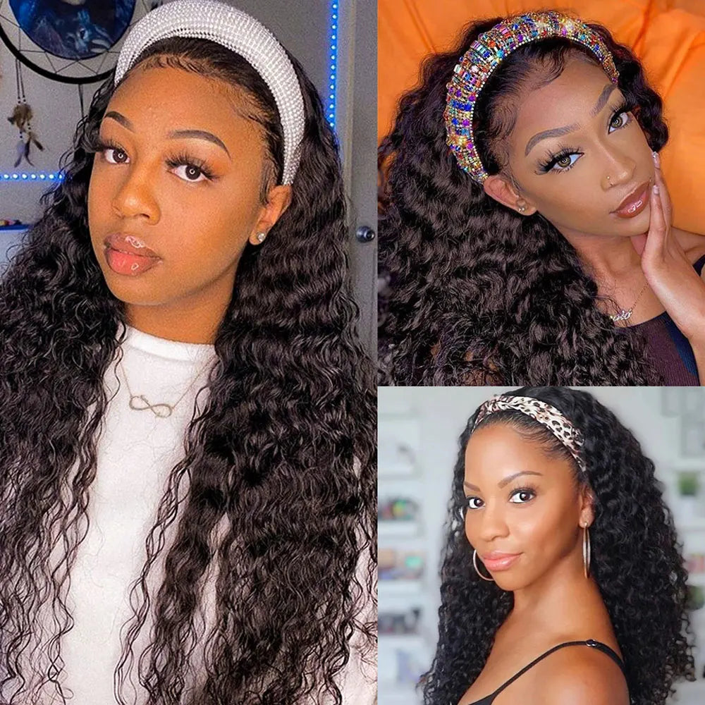 Deep Water Wave Human Hair Headband Wig 200% Density