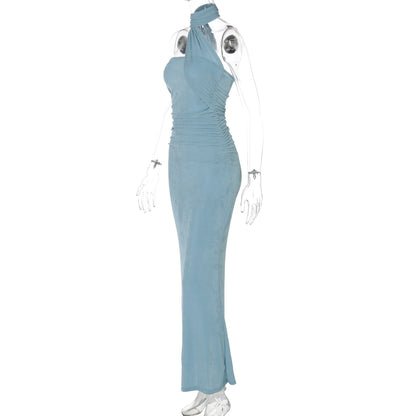 Hugcitar Halter Backless Ruched Bodycon Maxi Dress