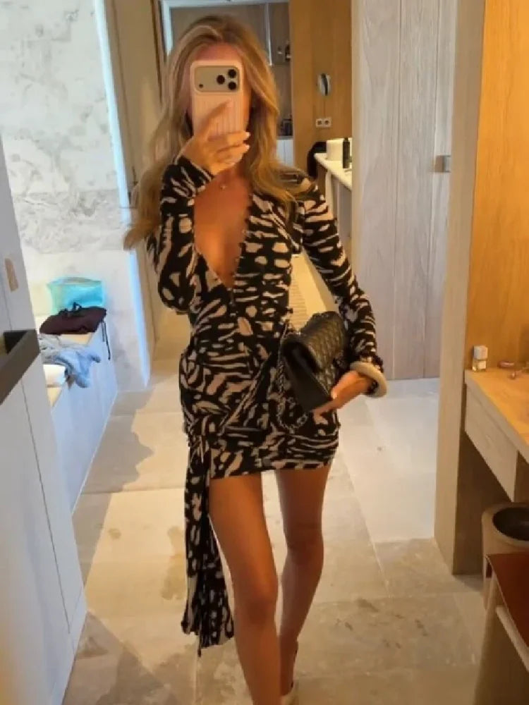 Animal Print V-Neck Ruched Maxi Dress for Women