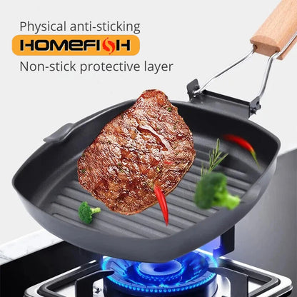 Foldable Portable Steel Grill Pan with Wooden Handle