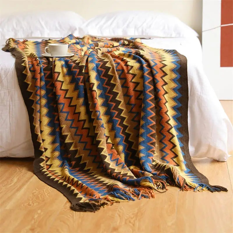 Bohemian Acrylic Hand Knitted Blanket with Tassels