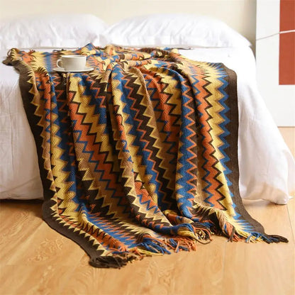 Bohemian Acrylic Hand Knitted Blanket with Tassels