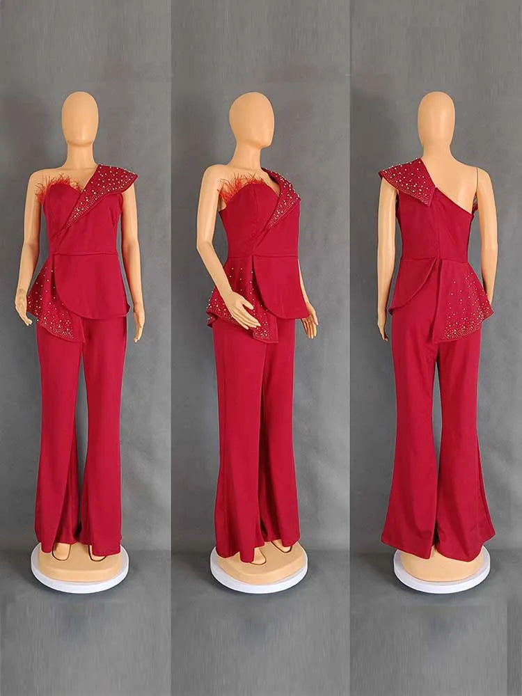 High Waist Strapless Jumpsuit with Rivet Collar for Women