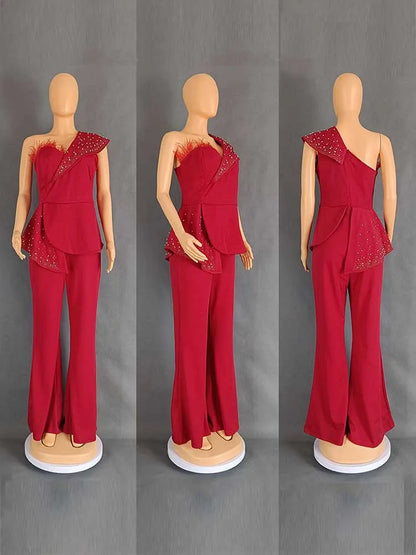 High Waist Strapless Jumpsuit with Rivet Collar for Women