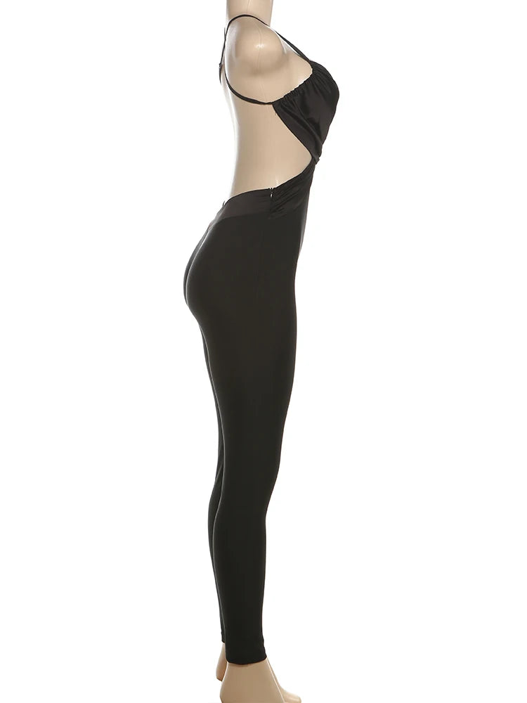Kliou Women Jumpsuit Backless Silky Skinny Overalls