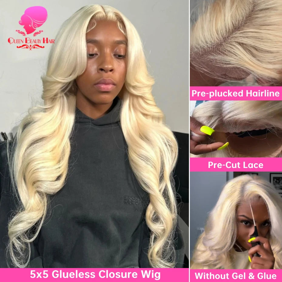 613 Glueless Human Hair Lace Closure Wig Blonde Straight