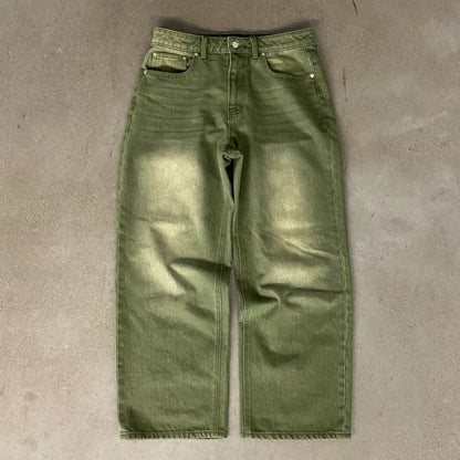 Matcha Green Denim Jeans with Embroidery