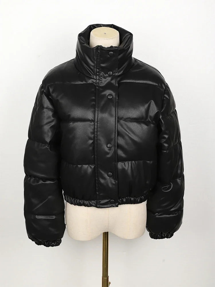 Black PU Leather Women's Winter Parka Jacket