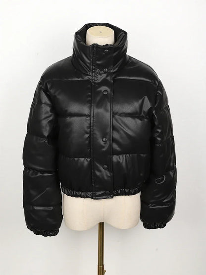 Black PU Leather Women's Winter Parka Jacket