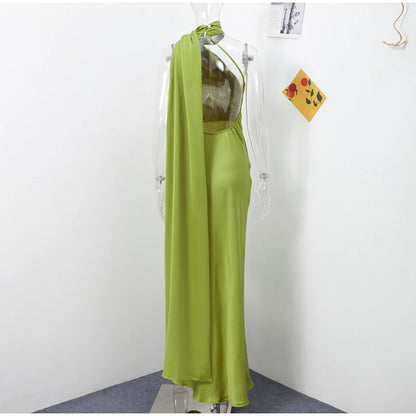 Elegant Halter Dress Women Solid Backless Maxi Dress