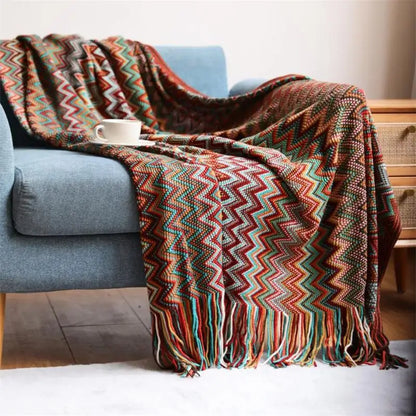 Bohemian Acrylic Hand Knitted Blanket with Tassels