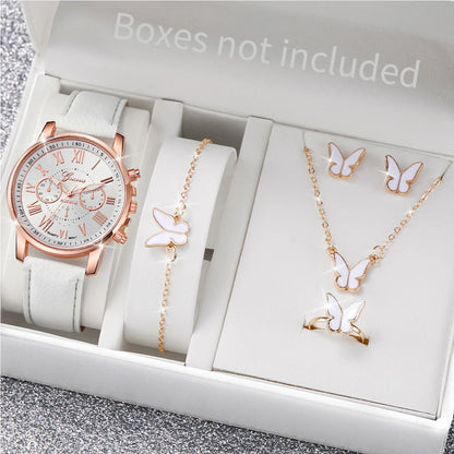 Fashion Women's Quartz Watch Leather Band Jewelry Set