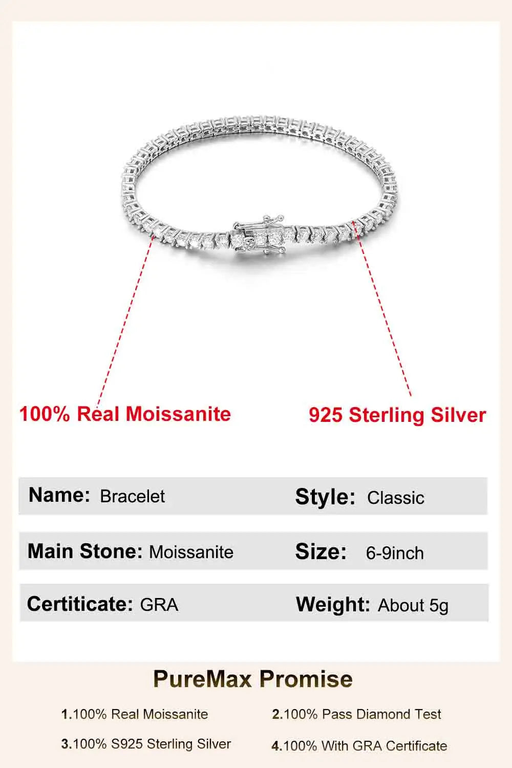 Moissanite Tennis Bracelet 925 Sterling Silver Unisex