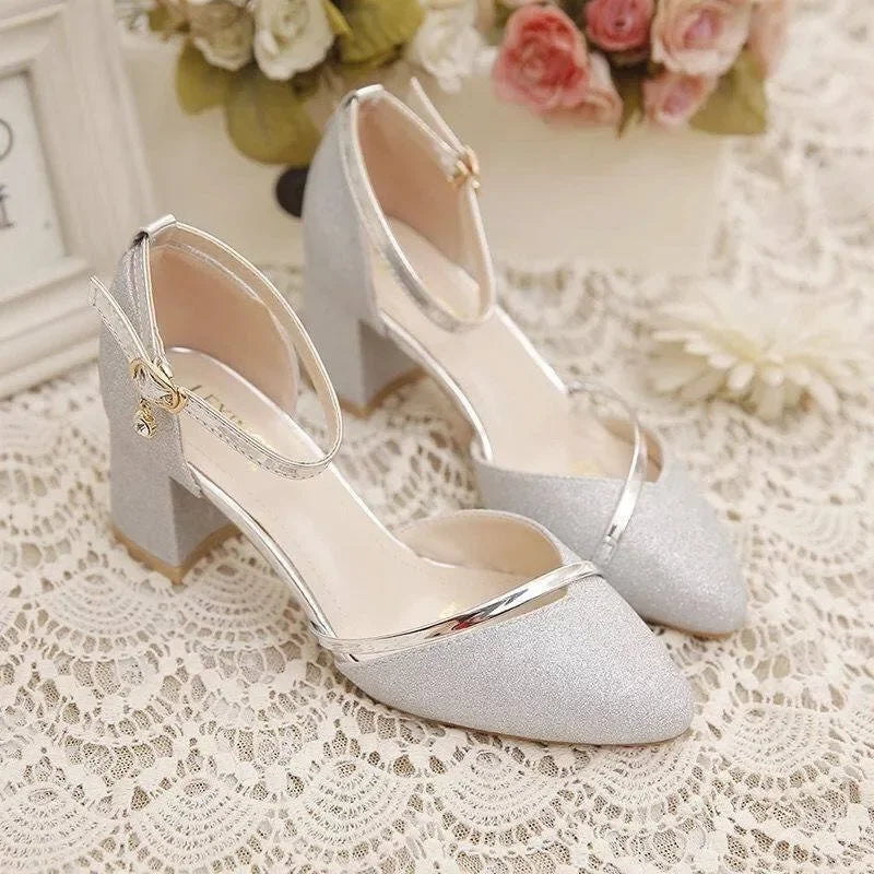 Black High-Heeled Shoes for Women - Silver and Gold