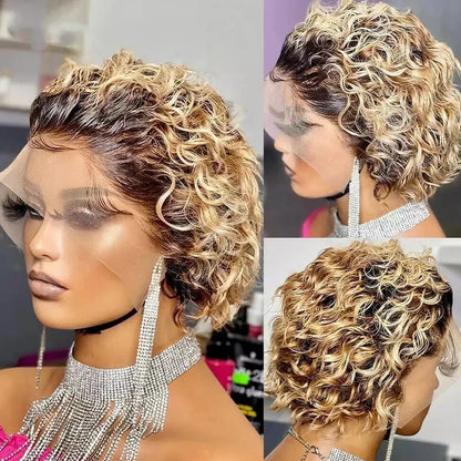 Pixie Cut Curly Human Hair Wig 13x1 Lace Frontal