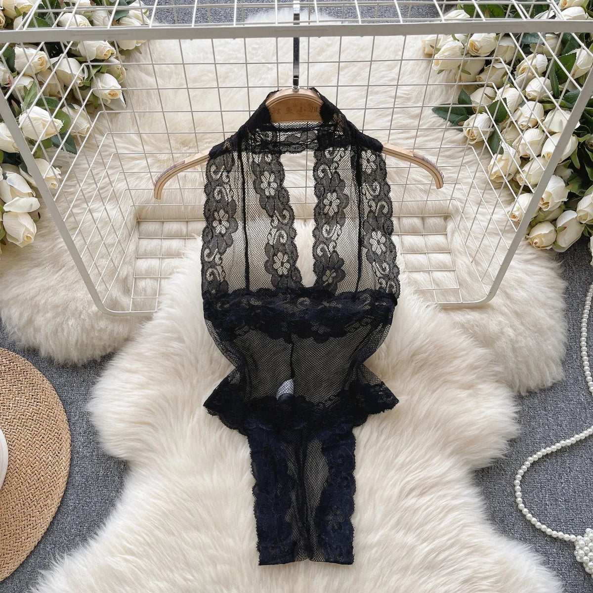 Women Transparent Lace Up Halter Bodysuit Romper