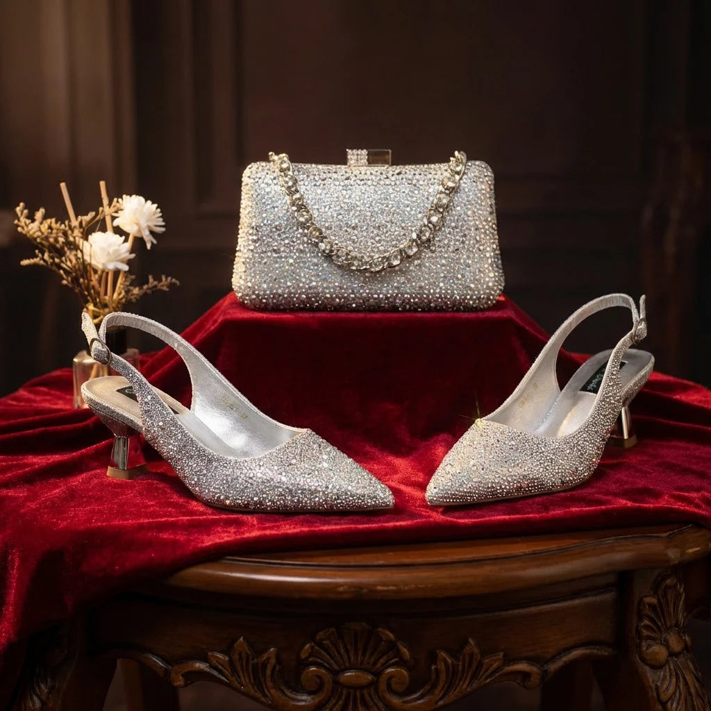 Italian Luxury Green Rhinestone Shoes and Bag Set