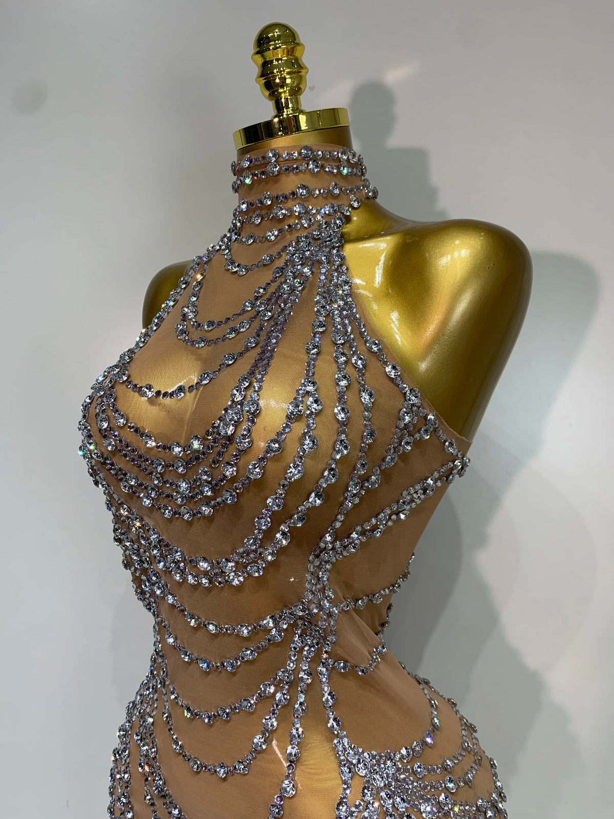Sparkly Rhinestone Transparent Mesh Long Dress