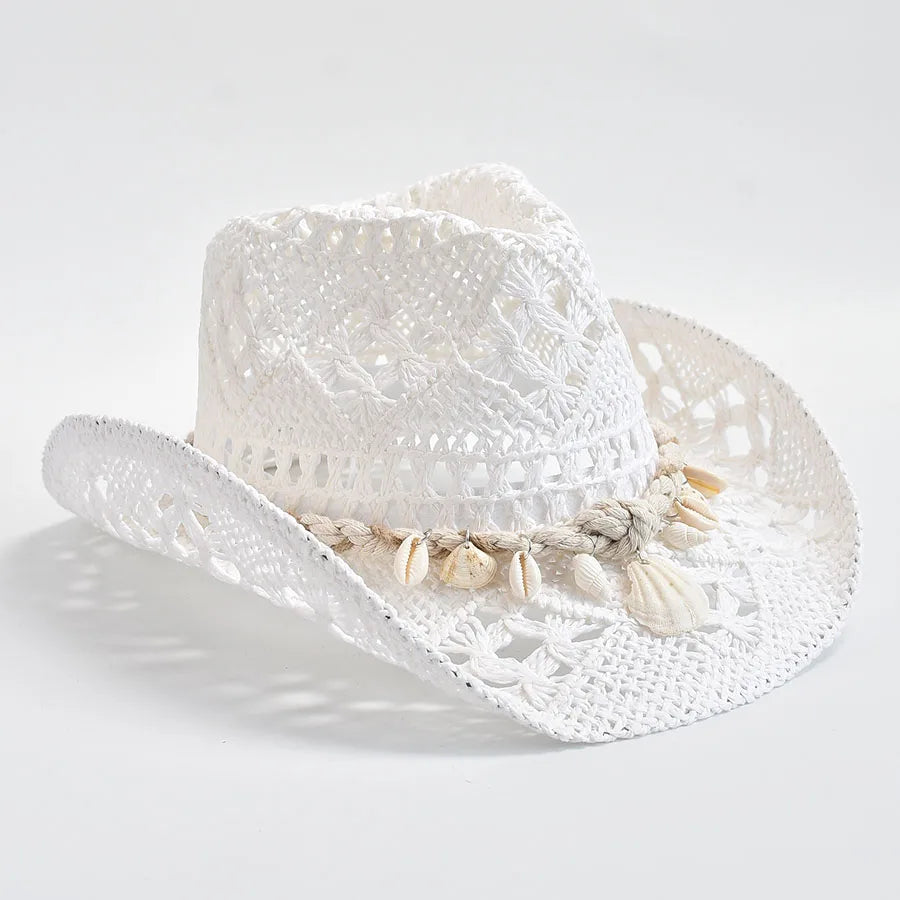 Hand Woven Straw Sun Hat for Women with Shell Decoration