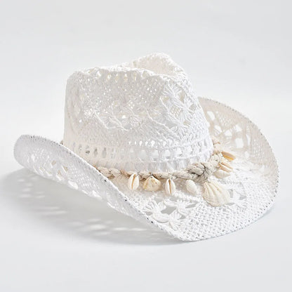 Hand Woven Straw Sun Hat for Women with Shell Decoration