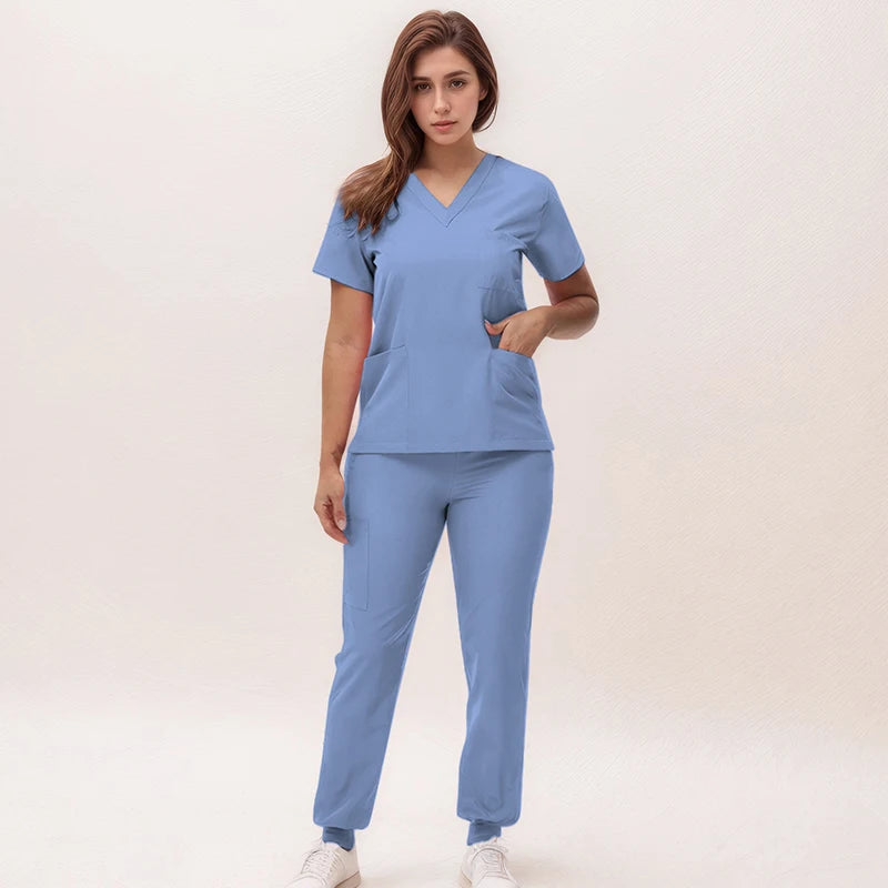 Stretchy V-Neck Nurse Scrub Set Jogger Pants