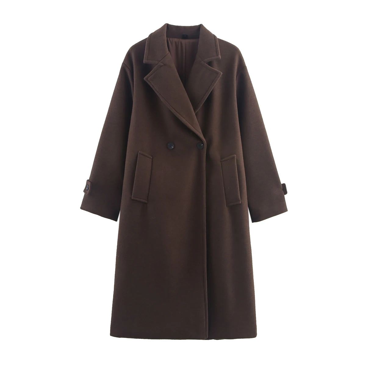 Brown Woolen Coat for Women with Notch Neck